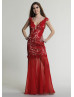 A-line V Neckline Red Lace Prom Dress